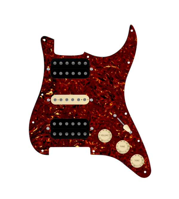 920D Custom HSH Loaded Pickguard for Stratocaster With Uncovered Smoothie Humbuckers, Aged White Texas Vintage Pickups, Tortoise Pickguard, and S5W-HSH Wiring Harness