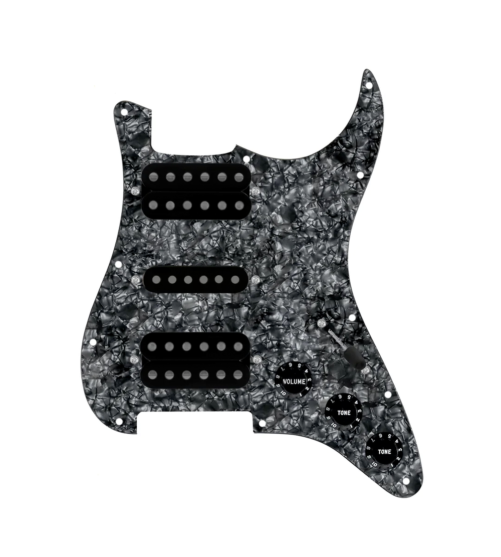 920D Custom HSH Loaded Pickguard for Stratocaster With Uncovered Smoothie Humbuckers, Black Texas Vintage Pickups, Black Pearl Pickguard, and S5W-HSH Wiring Harness