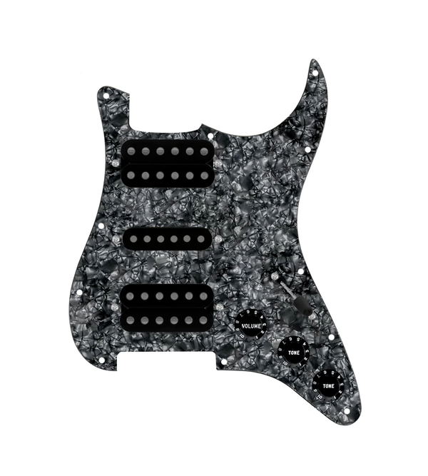 920D Custom HSH Loaded Pickguard for Stratocaster With Uncovered Smoothie Humbuckers, Black Texas Vintage Pickups, Black Pearl Pickguard, and S5W-HSH Wiring Harness