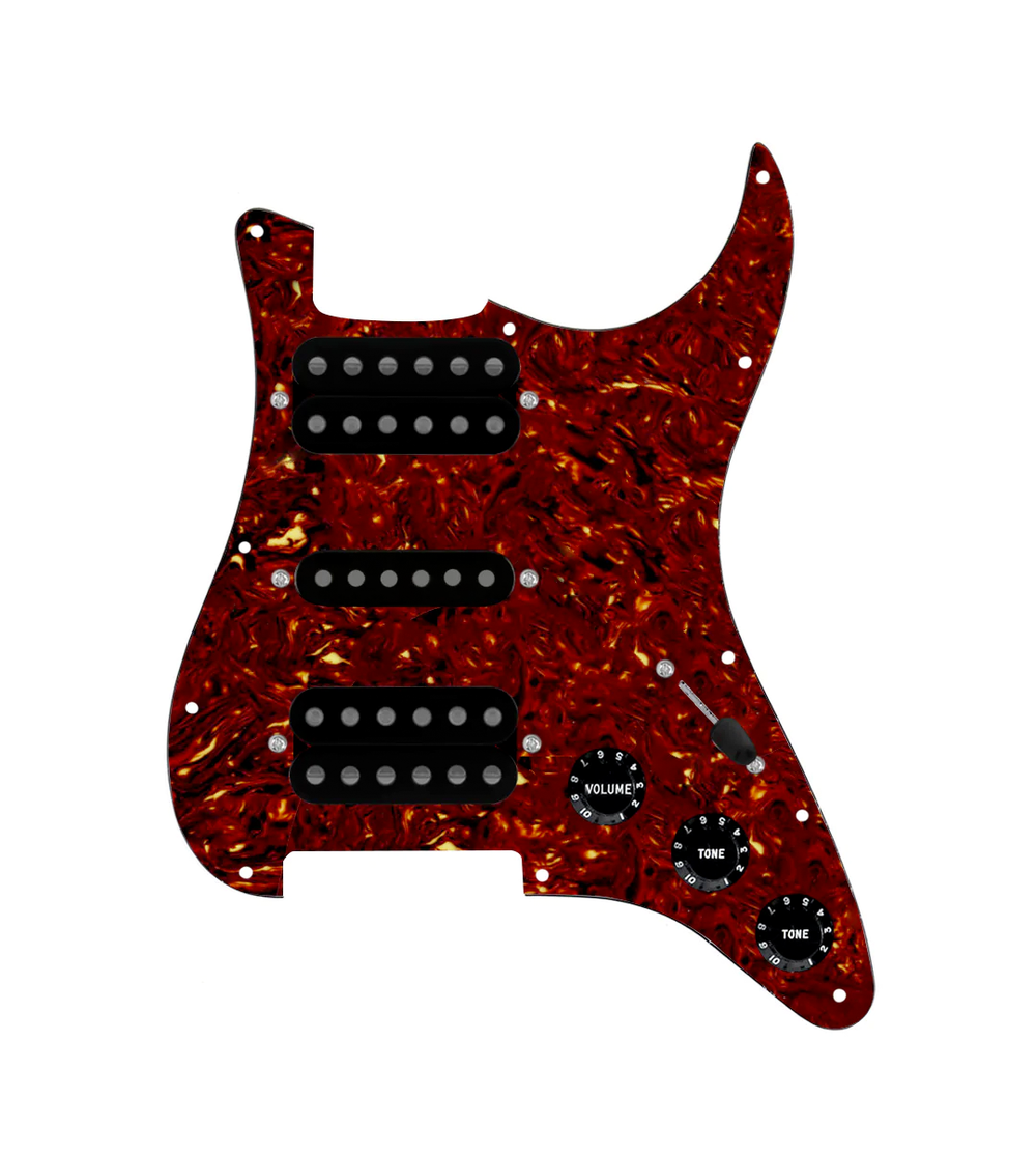 920D Custom HSH Loaded Pickguard for Stratocaster With Uncovered Smoothie Humbuckers, Black Texas Vintage Pickups, Tortoise Pickguard, and S5W-HSH Wiring Harness