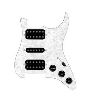 920D Custom HSH Loaded Pickguard for Stratocaster With Uncovered Smoothie Humbuckers, Black Texas Vintage Pickups, White Pearl Pickguard, and S5W-HSH Wiring Harness