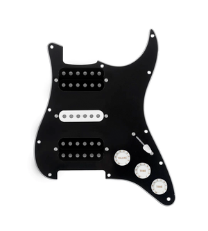 920D Custom HSH Loaded Pickguard for Stratocaster With Uncovered Smoothie Humbuckers, White Texas Vintage Pickups, Black Pickguard, and S5W-HSH Wiring Harness