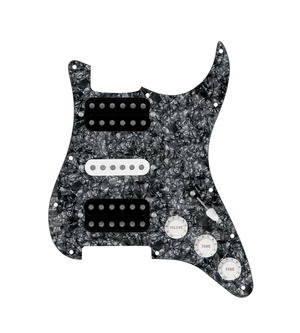 920D Custom HSH Loaded Pickguard for Stratocaster With Uncovered Smoothie Humbuckers, White Texas Vintage Pickups, Black Pearl Pickguard, and S5W-HSH Wiring Harness
