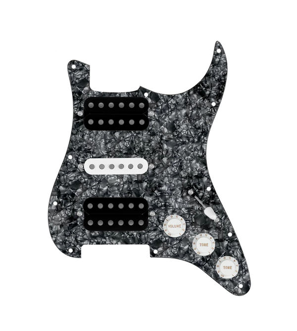 920D Custom HSH Loaded Pickguard for Stratocaster With Uncovered Smoothie Humbuckers, White Texas Vintage Pickups, Black Pearl Pickguard, and S5W-HSH Wiring Harness