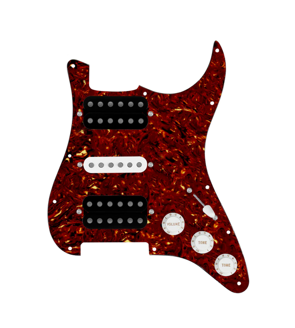 920D Custom HSH Loaded Pickguard for Stratocaster With Uncovered Smoothie Humbuckers, White Texas Vintage Pickups, Tortoise Pickguard, and S5W-HSH Wiring Harness