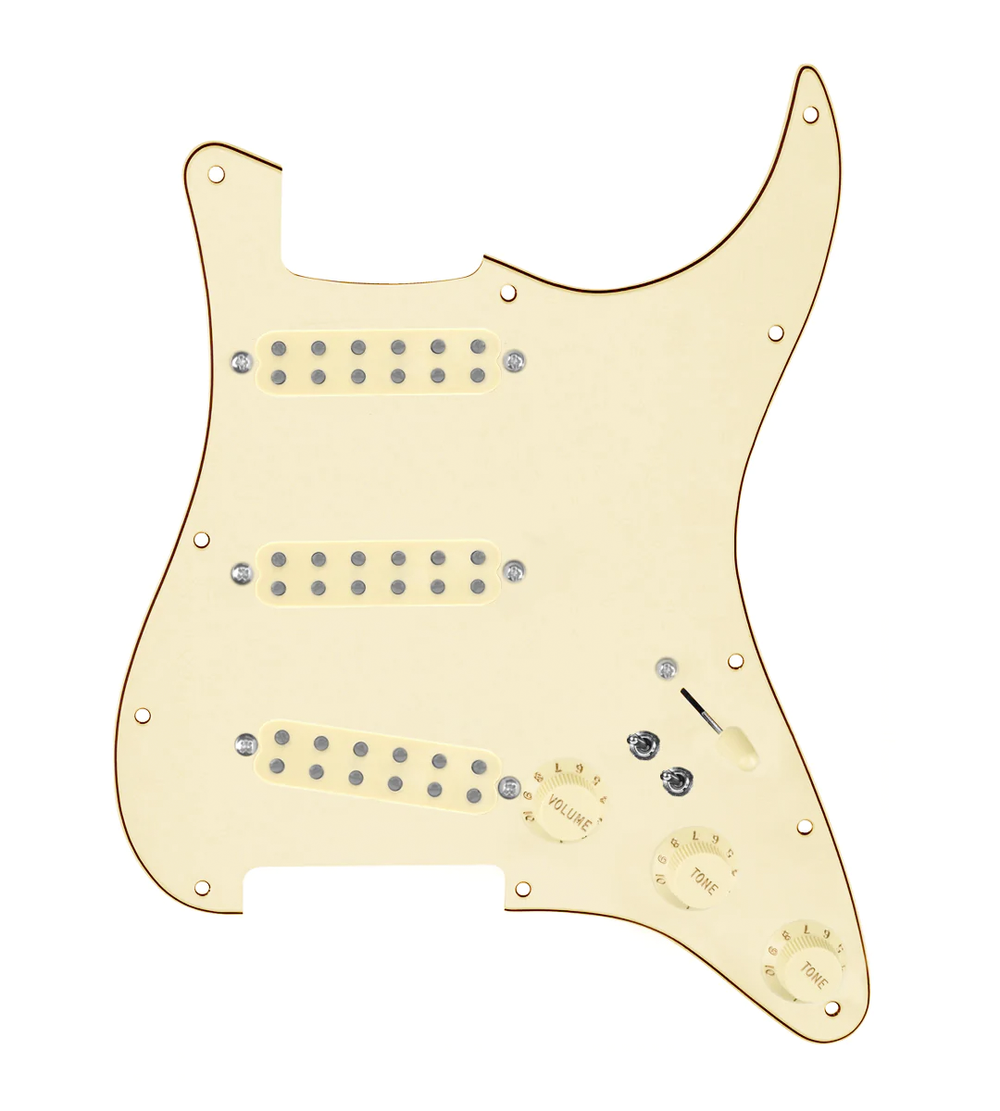 920D Custom Polyphonic Loaded Pickguard for Strat With Aged White Pickups and Knobs, Aged White Pickguard, and S7W-2T Wiring Harness