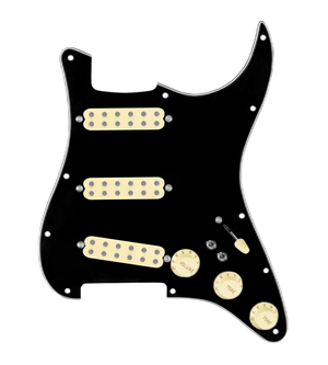 920D Custom Polyphonic Loaded Pickguard for Strat With Aged White Pickups and Knobs, Black Pickguard, and S7W-2T Wiring Harness