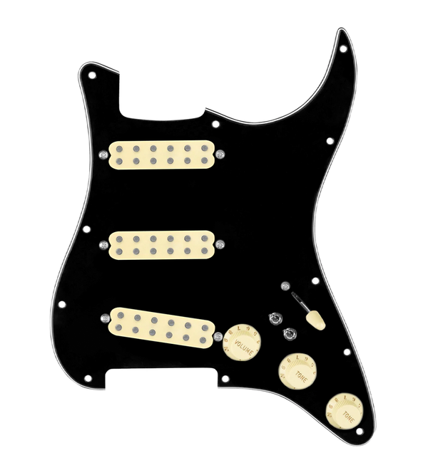 920D Custom Polyphonic Loaded Pickguard for Strat With Aged White Pickups and Knobs, Black Pickguard, and S7W-2T Wiring Harness