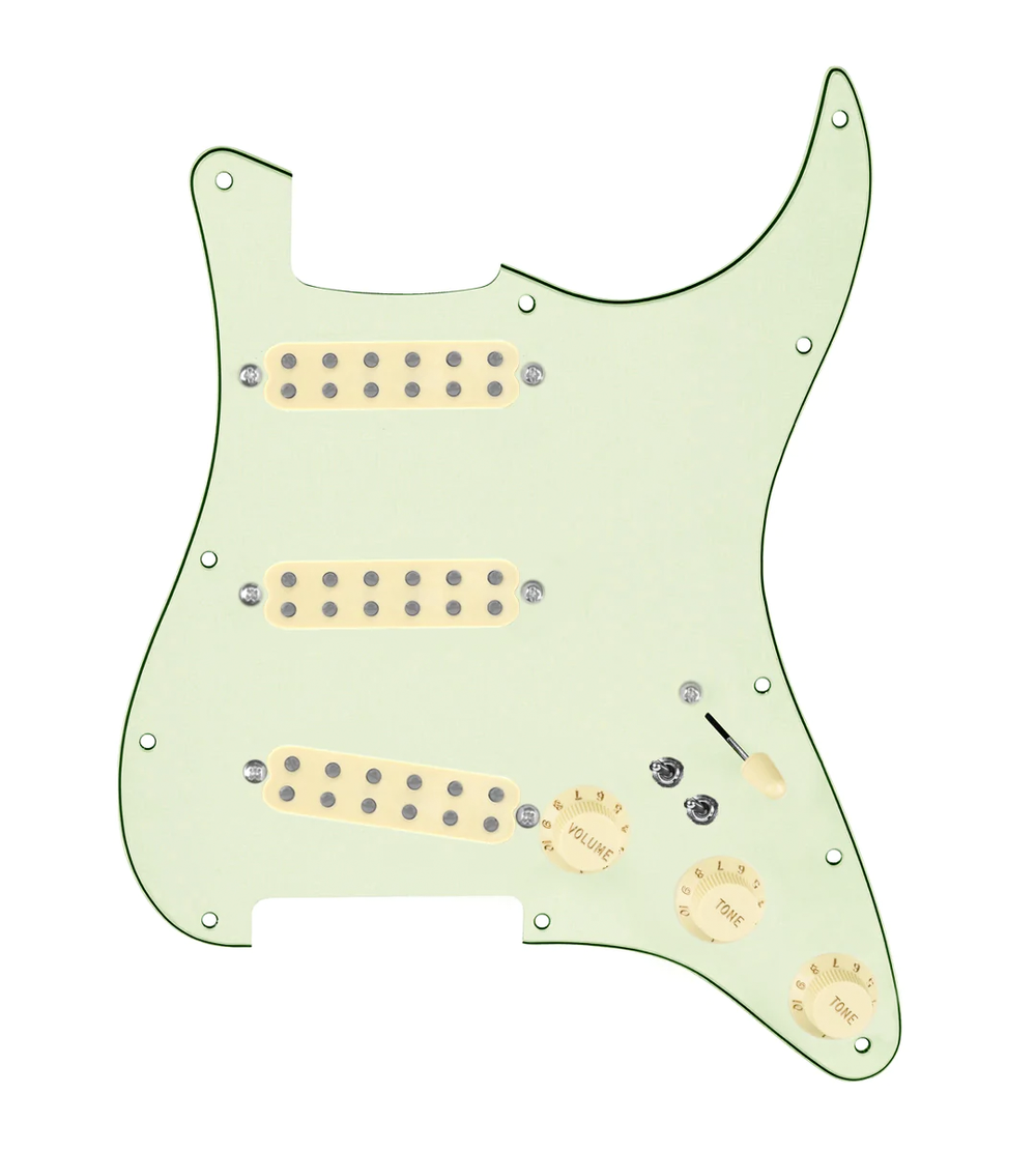 920D Custom Polyphonic Loaded Pickguard for Strat With Aged White Pickups and Knobs, Mint Green Pickguard, and S7W-2T Wiring Harness