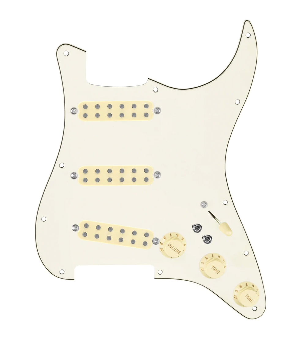 920D Custom Polyphonic Loaded Pickguard for Strat With Aged White Pickups and Knobs, Parchment Pickguard, and S7W-2T Wiring Harness