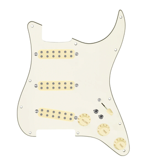 920D Custom Polyphonic Loaded Pickguard for Strat With Aged White Pickups and Knobs, Parchment Pickguard, and S7W-2T Wiring Harness