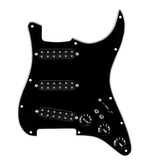 920D Custom Polyphonic Loaded Pickguard for Strat With Black Pickups and Knobs, Black Pickguard, and S7W-2T Wiring Harness