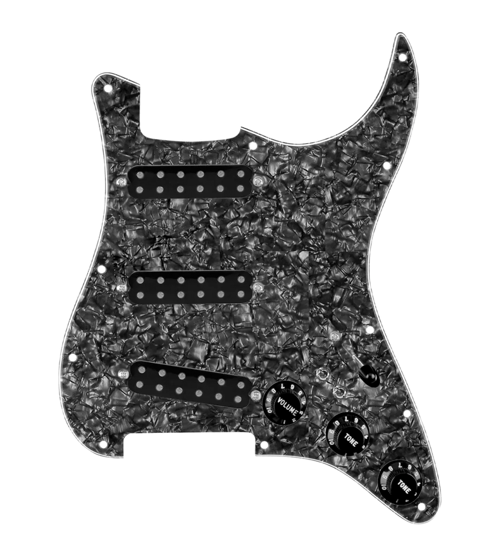 920D Custom Polyphonic Loaded Pickguard for Strat With Black Pickups and Knobs, Black Pearl Pickguard, and S7W-2T Wiring Harness