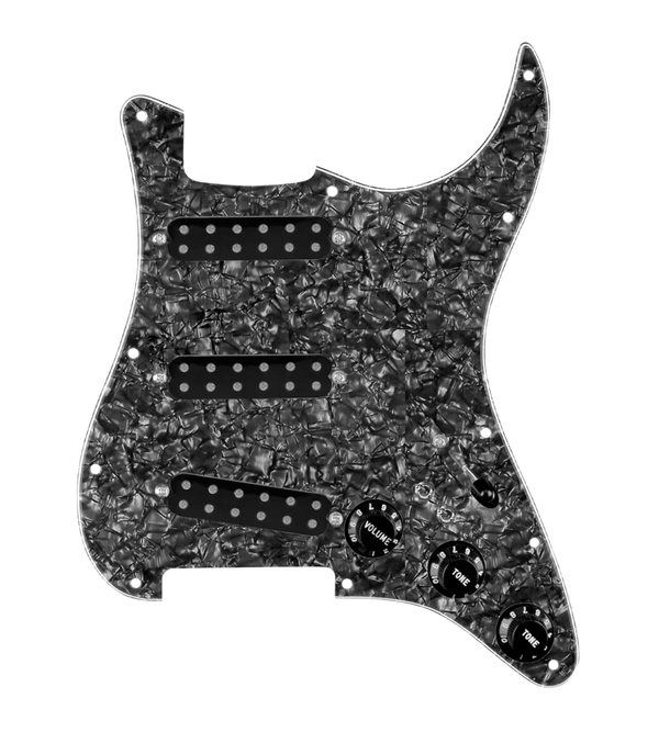 920D Custom Polyphonic Loaded Pickguard for Strat With Black Pickups and Knobs, Black Pearl Pickguard, and S7W-2T Wiring Harness
