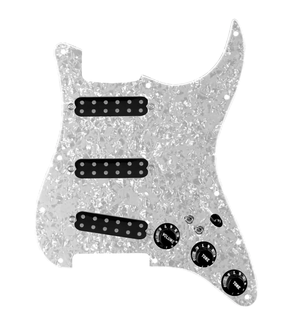 920D Custom Polyphonic Loaded Pickguard for Strat With Black Pickups and Knobs, White Pearl Pickguard, and S7W-2T Wiring Harness