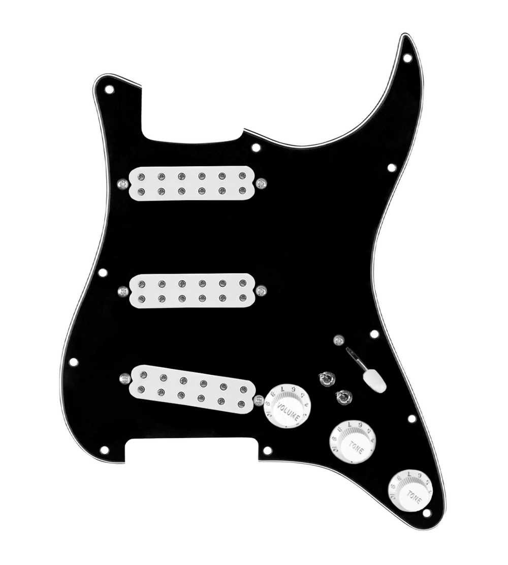 920D Custom Polyphonic Loaded Pickguard for Strat With White Pickups and Knobs, Black Pickguard, and S7W-2T Wiring Harness