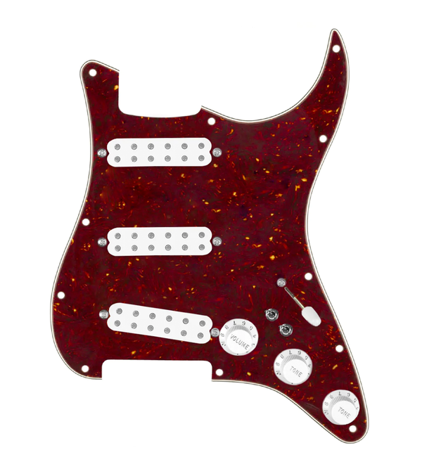 920D Custom Polyphonic Loaded Pickguard for Strat With White Pickups and Knobs, Tortoise Pickguard, and S7W-2T Wiring Harness