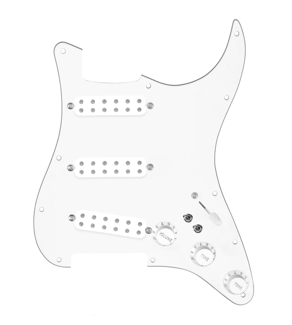 920D Custom Polyphonic Loaded Pickguard for Strat With White Pickups and Knobs, White Pickguard, and S7W-2T Wiring Harness