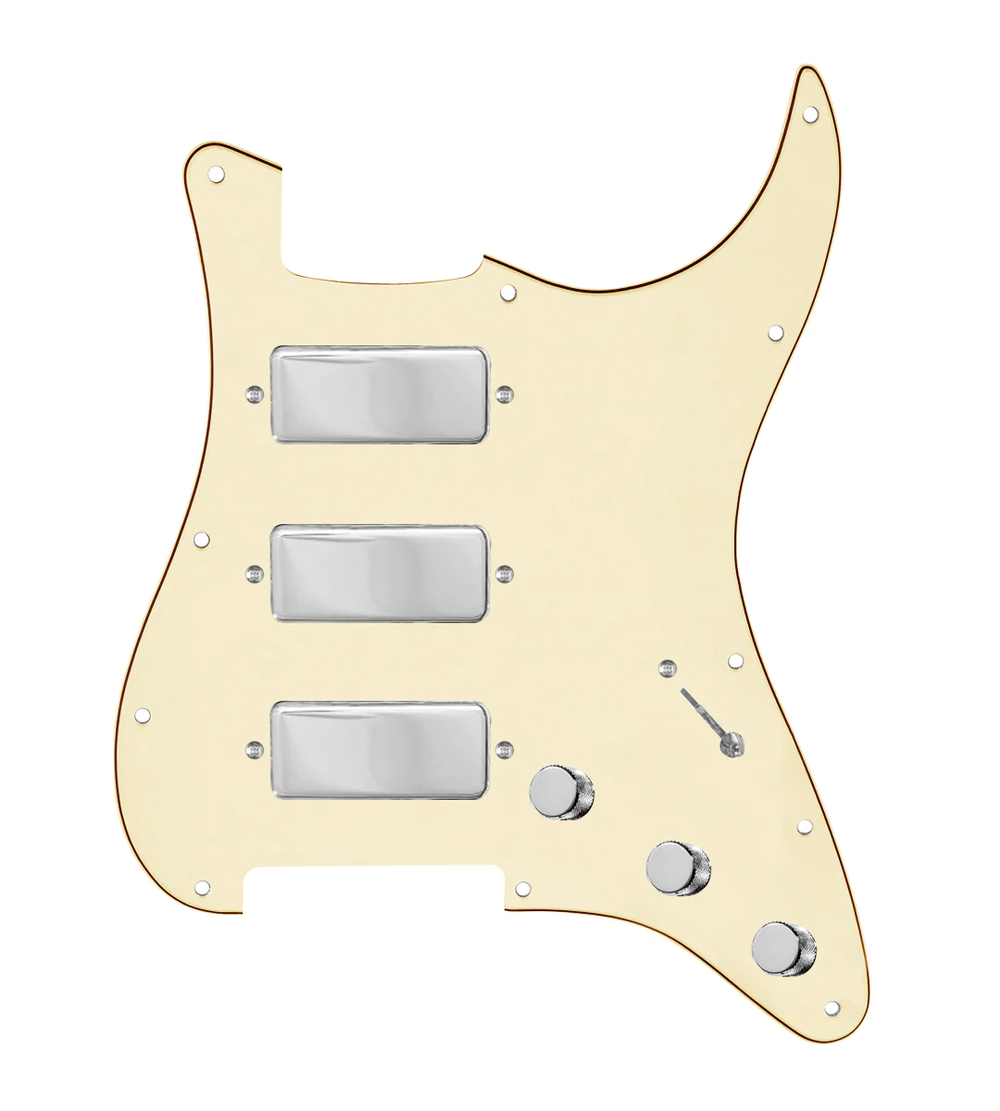 920D Custom Stadium Triple Mini Humbucker Loaded Pickguard for Strat With 7-Way Switching, Aged White Pickguard, and Chrome Knobs