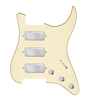 920D Custom Stadium Triple Mini Humbucker Loaded Pickguard for Strat With 7-Way Switching, Aged White Pickguard, and Chrome Knobs