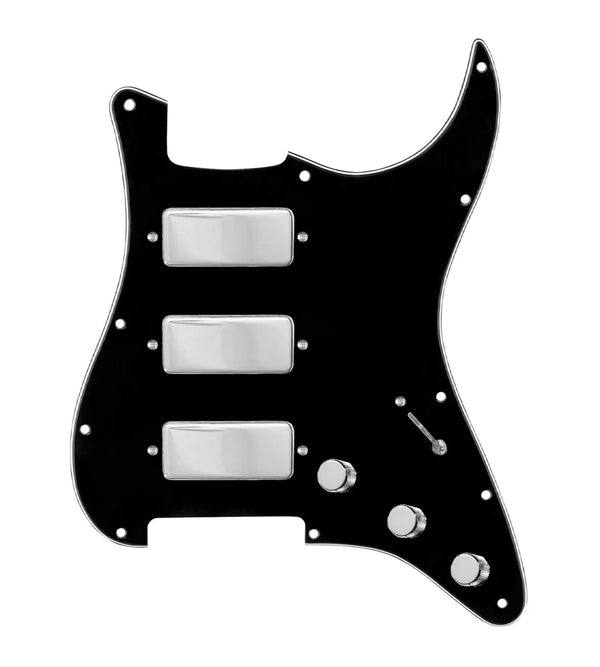 920D Custom Stadium Triple Mini Humbucker Loaded Pickguard for Strat With 7-Way Switching, Black Pickguard, and Chrome Knobs
