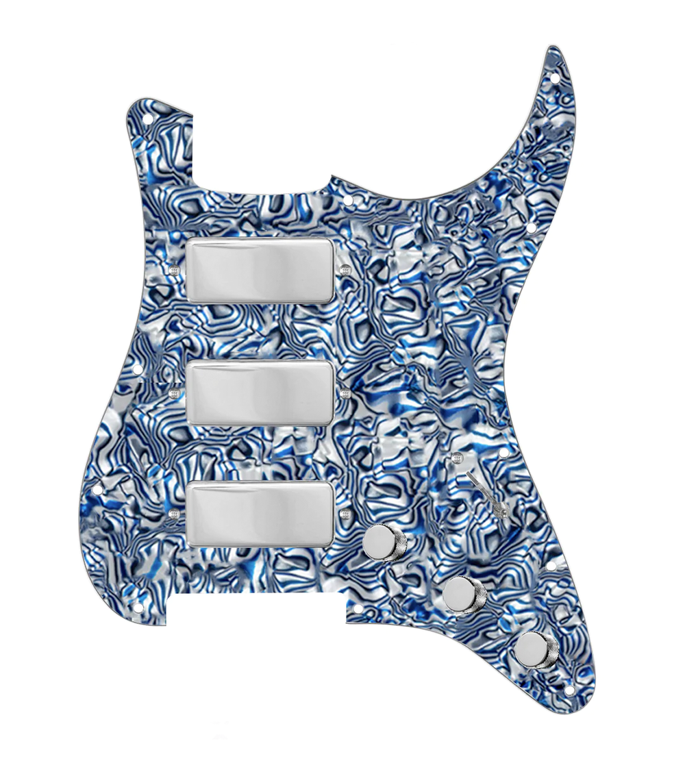 920D Custom Stadium Triple Mini Humbucker Loaded Pickguard for Strat With 7-Way Switching, Blue Shell Pickguard, and Chrome Knobs