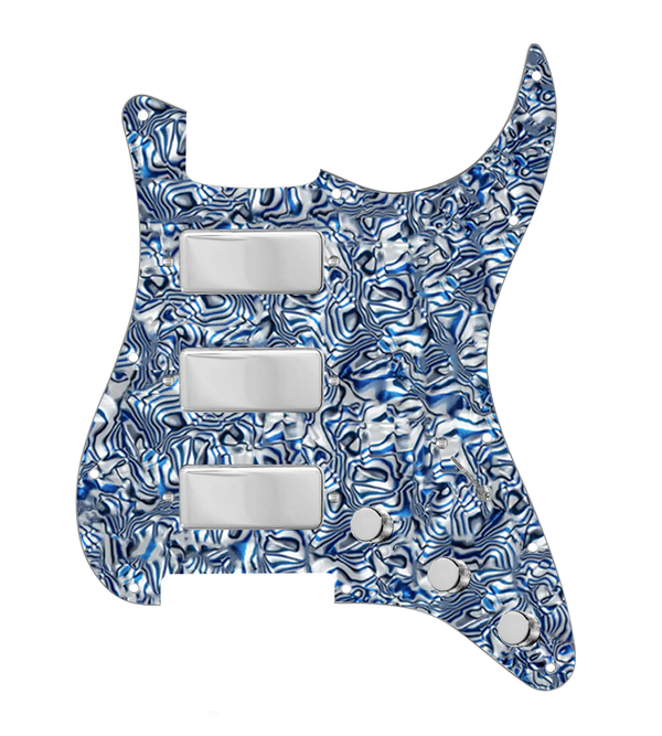 920D Custom Stadium Triple Mini Humbucker Loaded Pickguard for Strat With 7-Way Switching, Blue Shell Pickguard, and Chrome Knobs