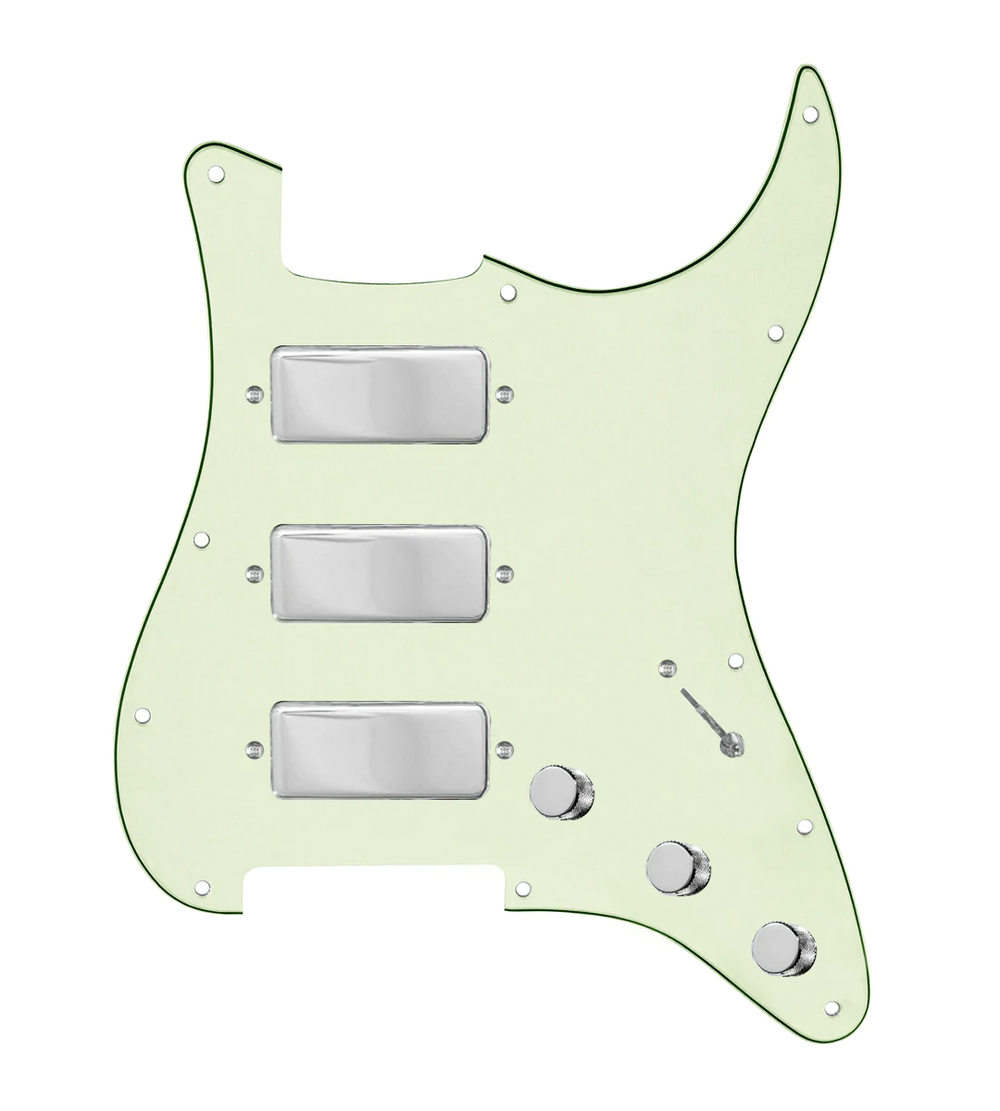 920D Custom Stadium Triple Mini Humbucker Loaded Pickguard for Strat With 7-Way Switching, Mint Green Pickguard, and Chrome Knobs
