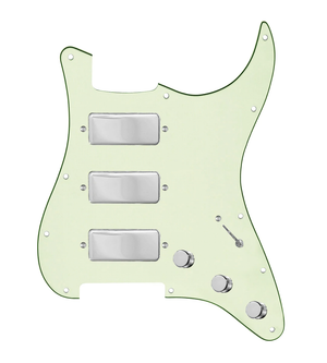 920D Custom Stadium Triple Mini Humbucker Loaded Pickguard for Strat With 7-Way Switching, Mint Green Pickguard, and Chrome Knobs