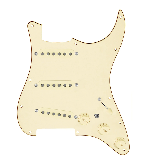 920D Custom Texas Grit Loaded Pickguard for Strat With Aged White Pickups and Knobs, Aged White Pickguard, and S7W-MT Wiring Harness