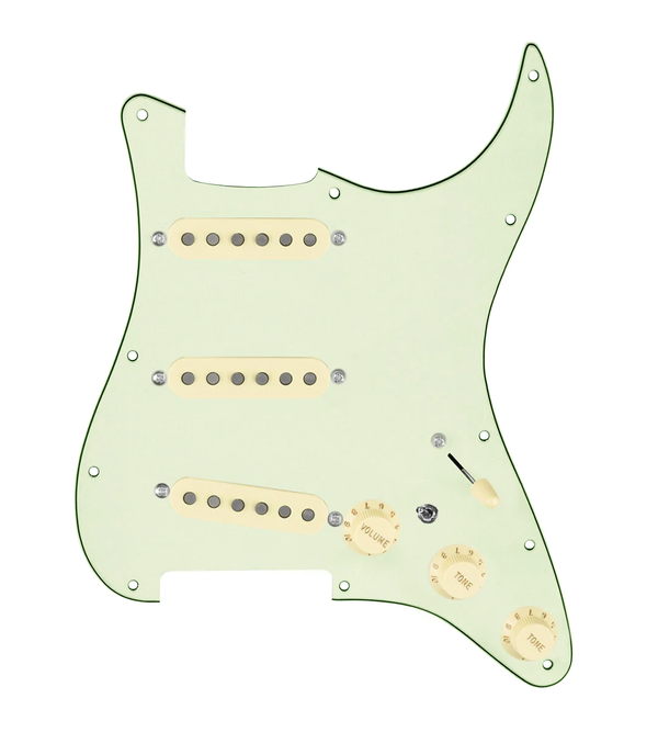 920D Custom Texas Grit Loaded Pickguard for Strat With Aged White Pickups and Knobs, Mint Green Pickguard, and S7W-MT Wiring Harness