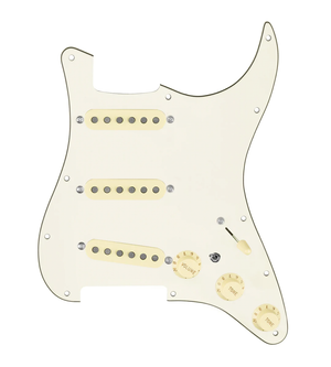 920D Custom Texas Grit Loaded Pickguard for Strat With Aged White Pickups and Knobs, Parchment Pickguard, and S7W-MT Wiring Harness