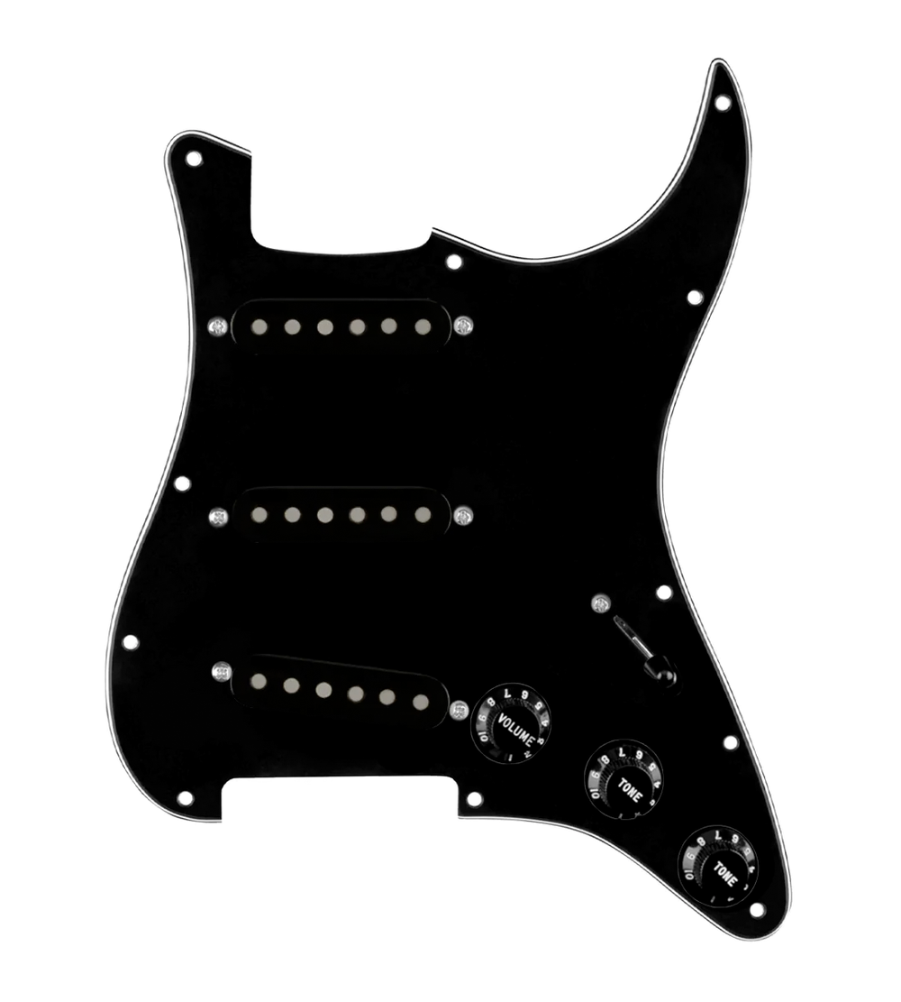 920D Custom Texas Grit Loaded Pickguard for Strat With Black Pickups and Knobs, Black Pickguard, and S5W-BL-V Wiring Harness