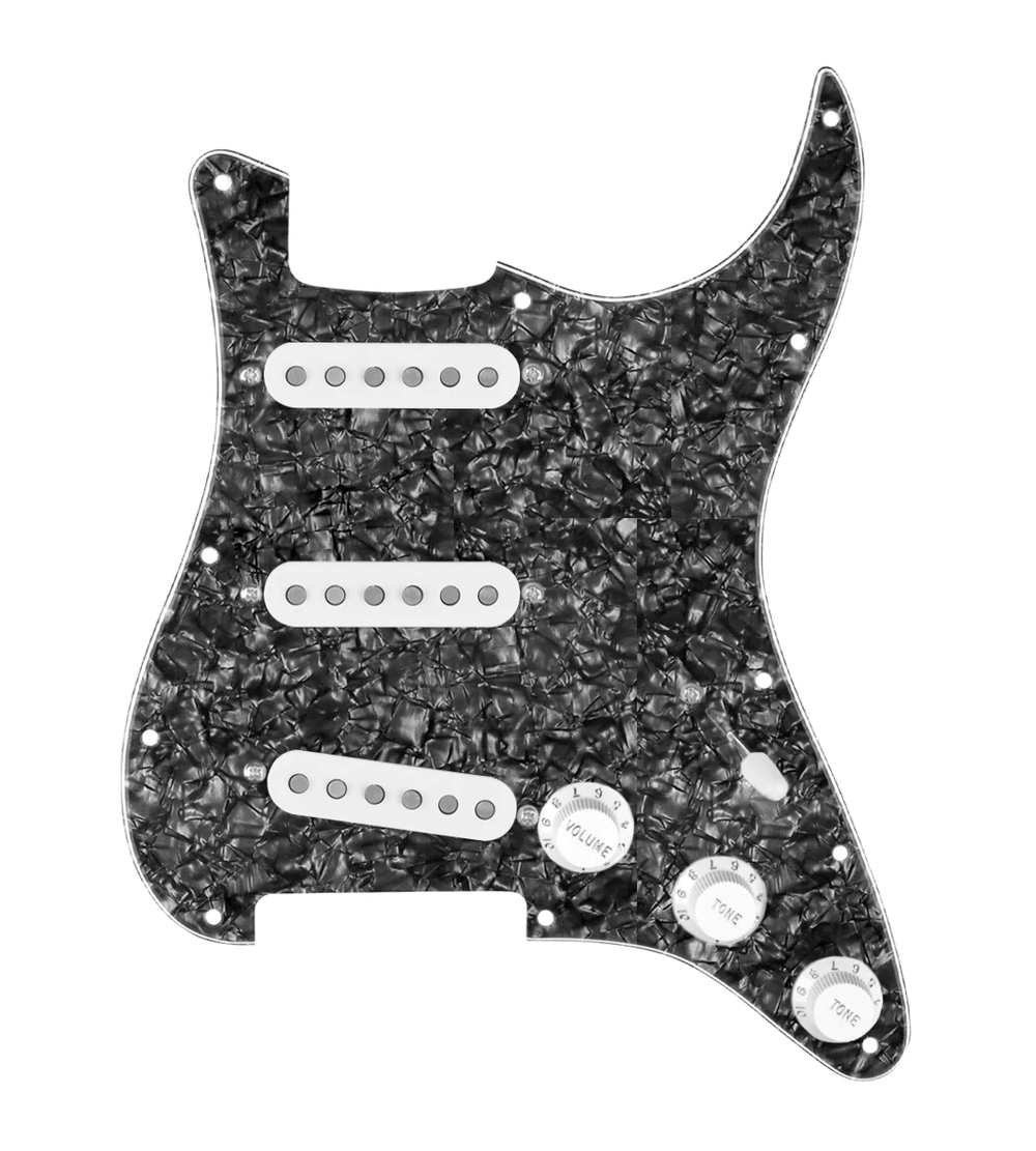 920D Custom Texas Grit Loaded Pickguard for Strat With White Pickups and Knobs, Black Pearl Pickguard, and S5W-BL-V Wiring Harness