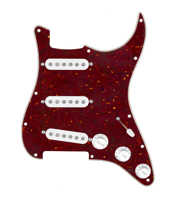 920D Custom Texas Grit Loaded Pickguard for Strat With White Pickups and Knobs, Tortoise Pickguard, and S5W-BL-V Wiring Harness