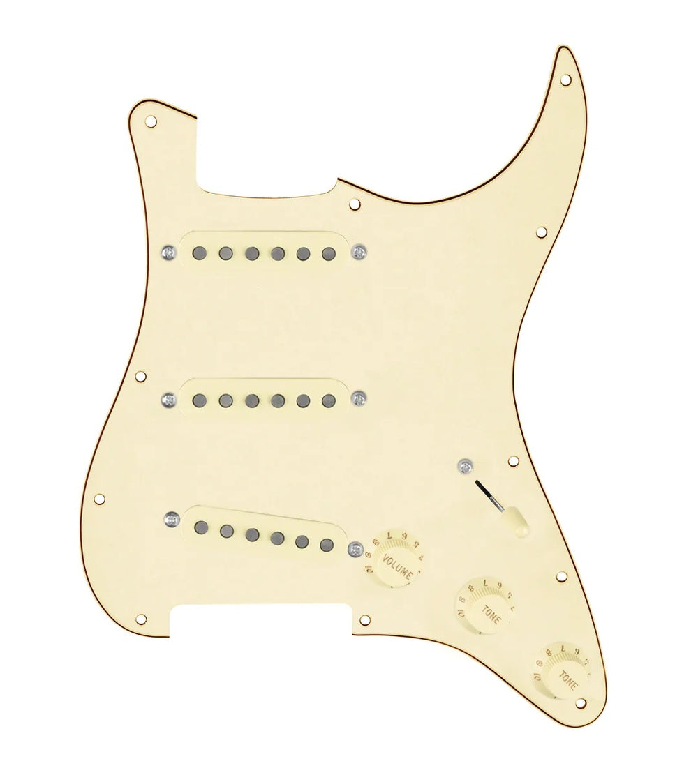 920D Custom Texas Vintage Loaded Pickguard for Strat With Aged White Pickups, Aged White Pickguard, and S5W-BL-V Wiring Harness