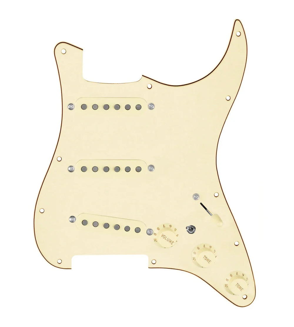920D Custom Texas Vintage Loaded Pickguard for Strat With Aged White Pickups, Aged White Pickguard, and S7W-MT Wiring Harness