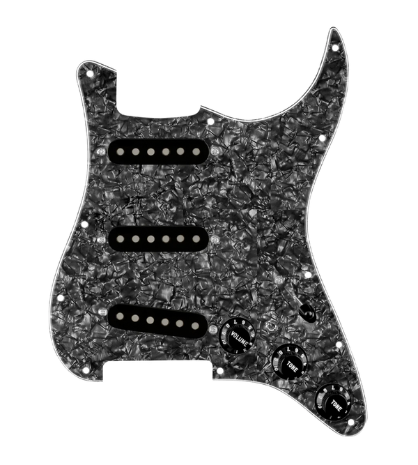 920D Custom Texas Vintage Loaded Pickguard for Strat With Black Pickups, Black Pearl Pickguard, and S7W-MT Wiring Harness