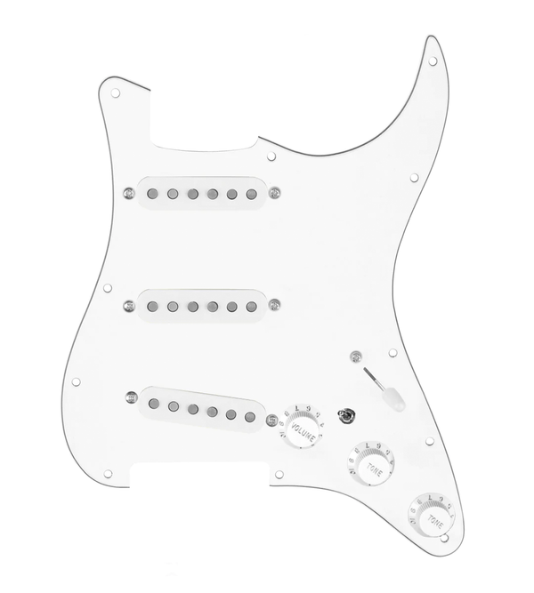 920D Custom Texas Vintage Loaded Pickguard for Strat With White Pickups, White Pickguard, and S7W-MT Wiring Harness