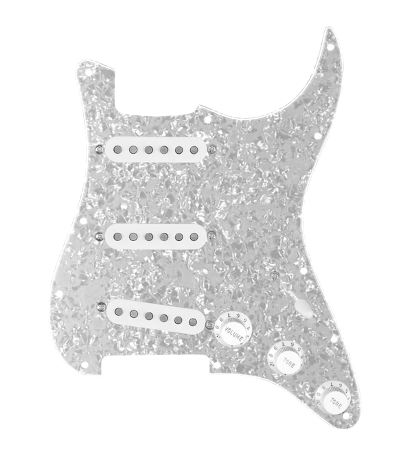 920D Custom Texas Vintage Loaded Pickguard for Strat With White Pickups, White Pearl Pickguard, and S7W Wiring Harness