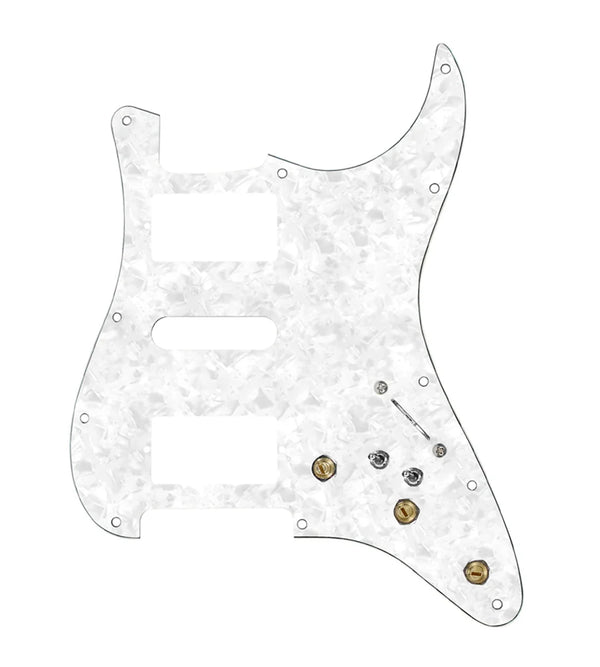 920D Custom HSH Pre-Wired Pickguard for Strat With A White Pearl Pickguard and S7W-HSH-2T Wiring Harness