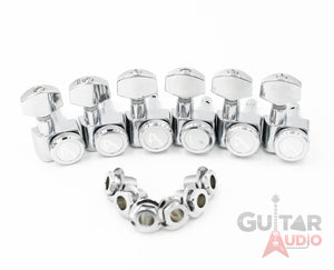 Genuine Fender CHROME LOCKING Tuners 6-InLine 2-pin Strat/Tele F Logo Machines