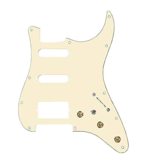 920D Custom HSS Pre-Wired Pickguard for Strat With An Aged White Pickguard and S7W-HSS-MT Wiring Harness