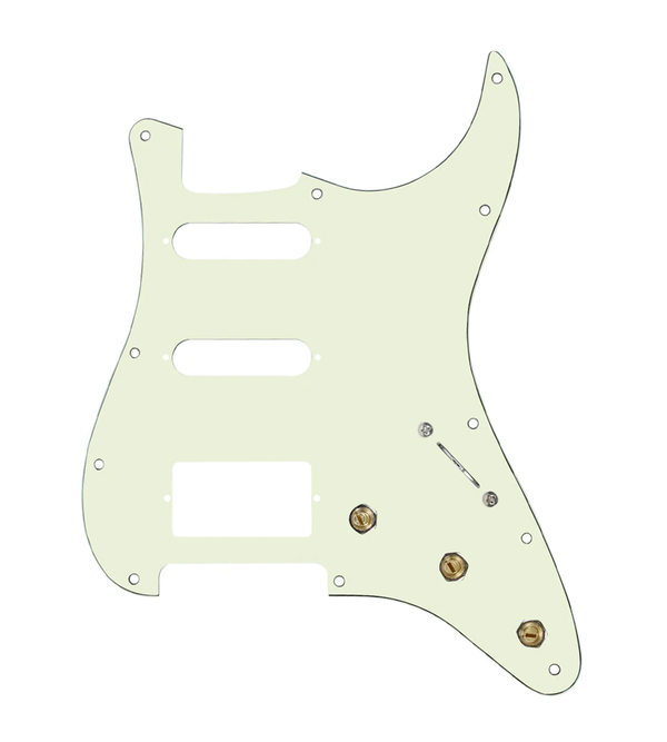 920D Custom HSS Pre-Wired Pickguard for Strat With A Mint Green Pickguard and S5W-HSS-BL Wiring Harness