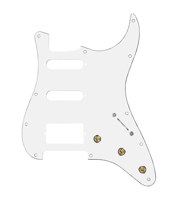 920D Custom HSS Pre-Wired Pickguard for Strat With A White Pickguard and S5W-HSS-BL Wiring Harness