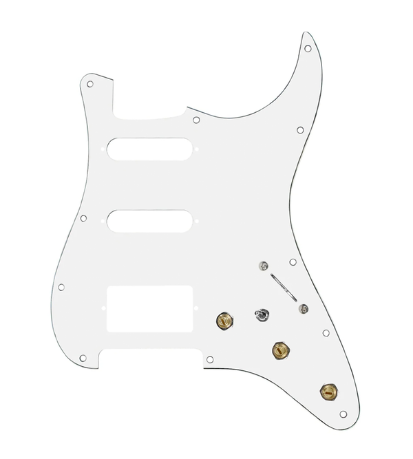 920D Custom HSS Pre-Wired Pickguard for Strat With A White Pickguard and S7W-HSS-MT Wiring Harness