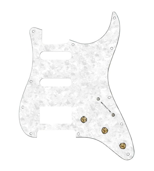 920D Custom HSS Pre-Wired Pickguard for Strat With A White Pearl Pickguard and S5W-HSS-BL Wiring Harness