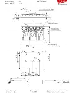 Schaller Germany 3D6 6-String Flatmount Roller Guitar Bridge, NICKEL 12120100