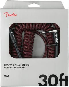 Fender Coiled Guitar/Instrument Cable, RED TWEED, Straight to Right-Angle 30'ft