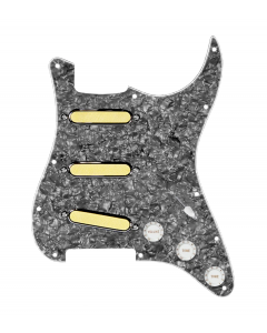 920D Custom Gold Foil Loaded Pickguard For Strat With White Pickups and Knobs, Black Pearl Pickguard For Strat, and S5W-BL-V Wiring Harness